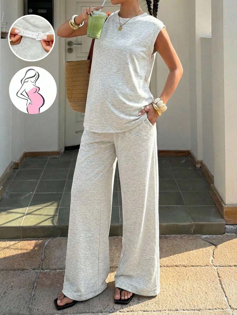 SHEIN 孕妇休闲背心和裤子两件套，夏季 - 灰色 - 查看 1