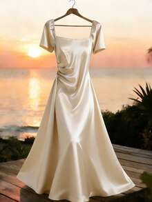 GlowEve CURVE Plus Size Women Elegant Square Neck Ruched Satin Dress,Silk Shimmer Bridal Outfit,Formal Classy White Luxury Dresses,Champagne,Summer,Wedding Guest - Apricot - View 3