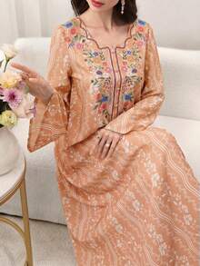 Yasmyna Đầm nữ in hoa kiểu Ả Rập, thích hợp cho tiệc tùng và du lịch. - trái cam - Xem 2