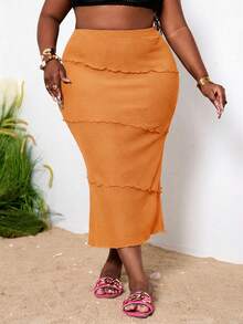 Slaydiva Plus Size Vacation & Elegant Casual Style Solid Color Fitted Multi-Layer Ruffle Textured Fabric Skirt, Summer Bottoms Wrap Around Pants Y2k Midi Fall - Orange - View 3