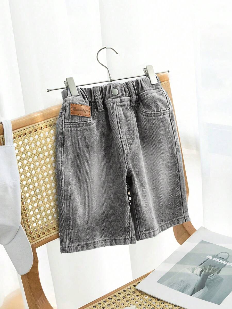 Young Boys Loose Fit Light Blue Denim Shorts,Summer Casual Elastic Waist Shorts,Fashionable Cartoon Pattern Design,Versatile For School & Outdoors
