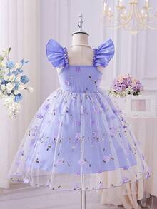 SHEIN Glamorique Kids 小女孩芋头紫色短袖薄纱公主裙，通体手工刺绣花朵，高腰飘逸蓬松薄纱裙摆。柔软亲肤的雪纺面料，适合花童、生日派对等场合。 - 紫色 - 查看 3