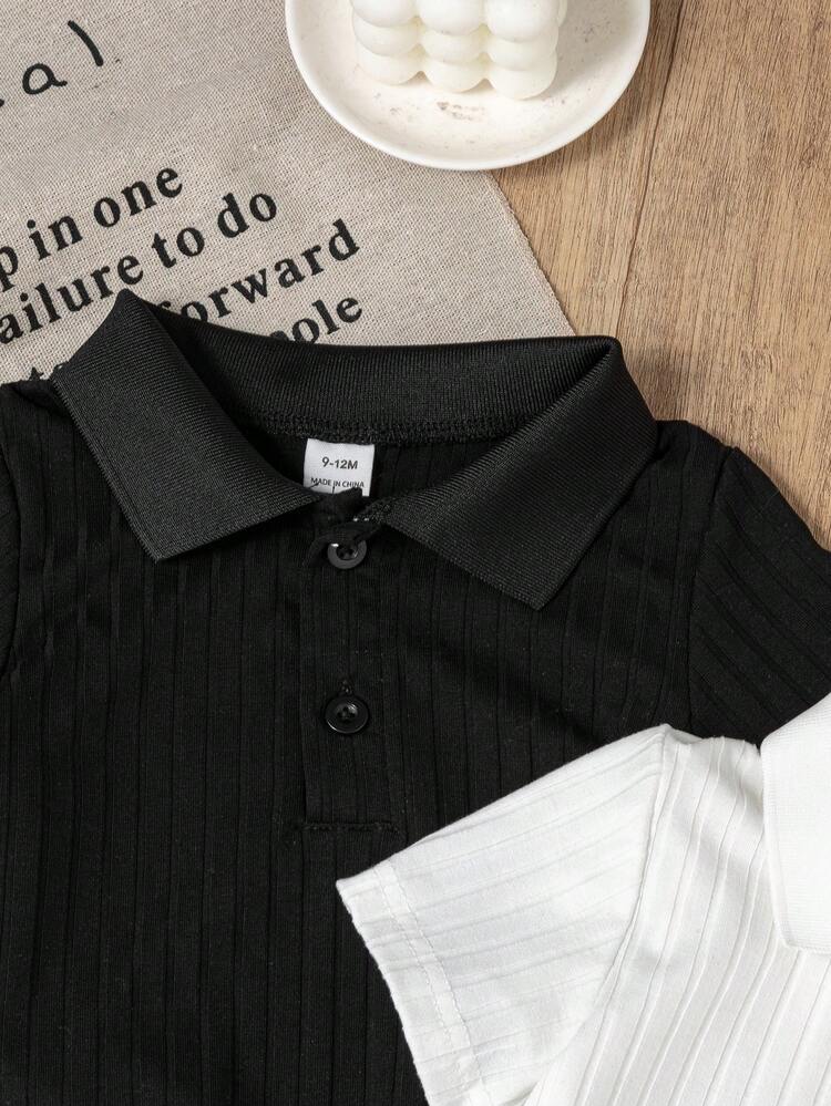 Souflis Souflis Camiseta Polo de Gola Alta Canelada Unissex para Bebê, Branca, Adequada para Todas as Ocasiões no Verão, Melhor Escolha Combinável para Bebê em Camisas de Verão para Bebê, Camisas para Bebês Meninos, Camisa para Bebê Menino Bebê - Preto e Branco - Visão 7