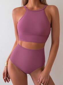 Swim Basics Bộ bikini hai mảnh cạp cao màu đen dành cho nữ, kiểu dáng thường ngày. - Màu tím  Violet - Xem 3