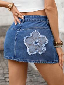 Breezaya Women's Summer Casual Vacation & Commute Denim Skirt With Floral Embroidery And Frayed Hem - Blue - View 2