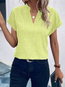 EMERY ROSE Áo sơ mi tay ngắn dáng rộng, màu trơn, cổ chữ V, thích hợp cho mùa hè. - màu xanh lá - Xem 4