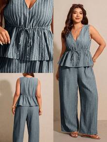 Elaquor Bộ đồ 2 món cỡ lớn, kiểu dáng thường ngày, kẻ sọc, dáng chữ A, áo sơ mi và quần ống đứng. - Màu xanh lam - Xem 1