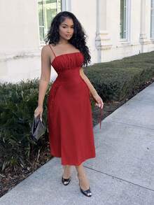 Alexandranx 红色约会之夜长裙褶皱胸围系带侧吊带连衣裙，女士夏季连衣裙 - 紅色 - 查看 5