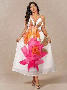 SHEIN LUNE Vestido de columpio con escote en V y espalda descubierta para mujer de talla grande, adecuado para vacaciones ligeras, salidas a la playa, diseño que afina la cintura - Blanco - Ver 6