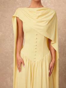 Lumalex Women's Solid Color Draped Design Ruched Waist Elegant Long Dress For Party - Light Yellow - View 4
