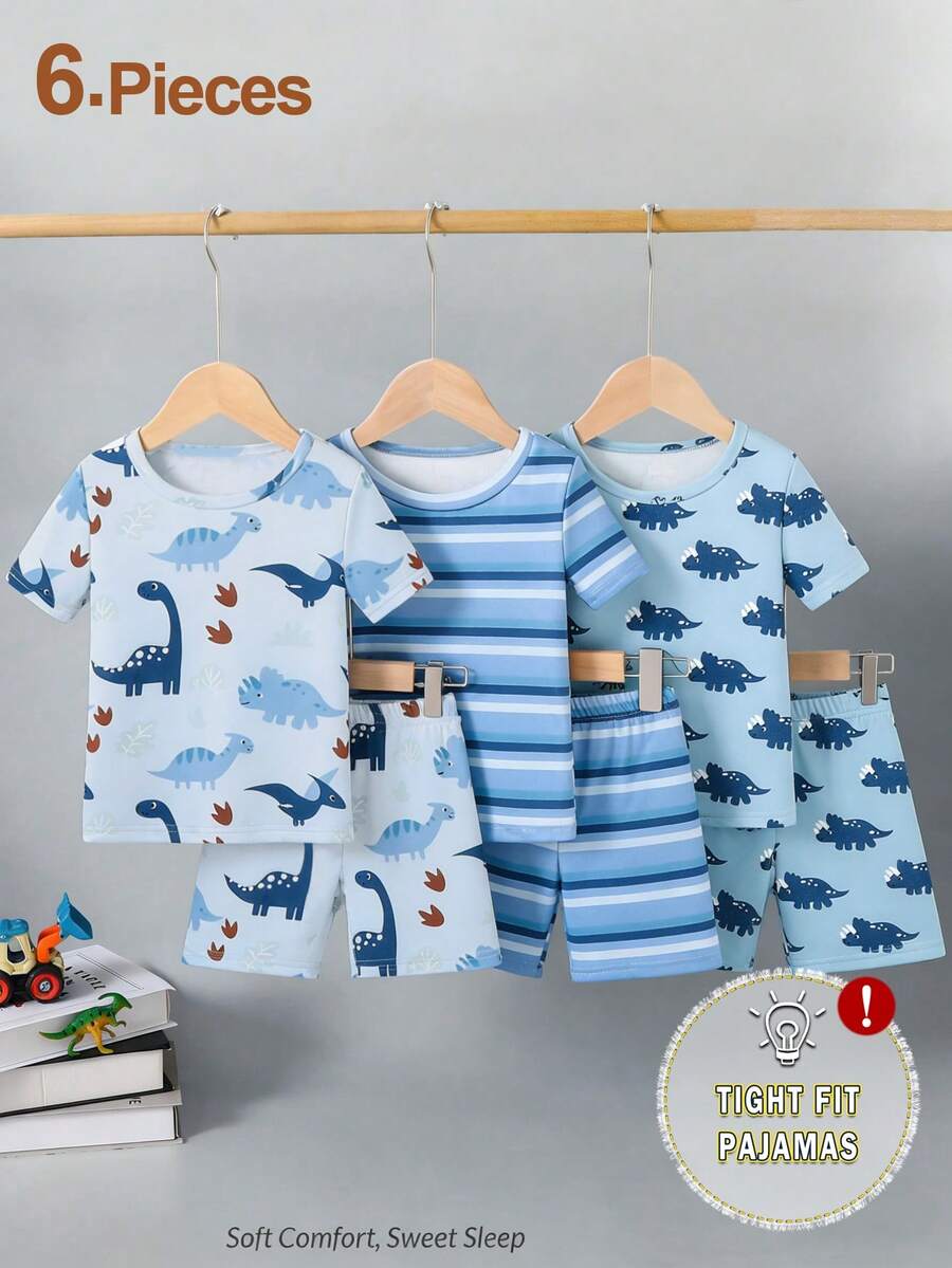 Set pigiama da 6 pezzi per ragazzi giovani, composto da maglietta aderente a stampa a righe e dinosauri cartoon e pantaloncini corti - Multicolore - Visualizzare 1