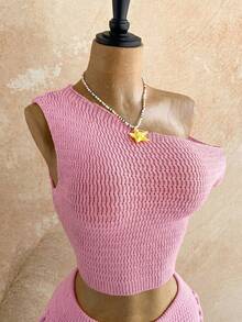 Soleia Women's Vacation Casual Asymmetric-Shoulder Sweater Vest & Shorts 2 Pieces Set - Pink - View 6