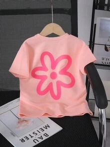 Genkimix Kids 女童宽松圆领短袖上衣，粉色，前后均印有红色花卉图案，舒适可爱，适合夏季日常玩耍、花园漫步、家庭野餐等场合。 - 粉色 - 查看 2