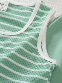 少女休闲百搭北欧风舒适针织无袖露脐背心+撞色腰带运动裤套装 - 綠色 - 查看 3