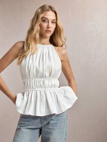 BizChic Áo tank top nữ mùa hè mới, kiểu cổ yếm buộc nơ, eo chun co giãn, vạt điều chỉnh được, có thể mặc riêng hoặc phối lớp trong mùa hè. - Màu be - Xem 9