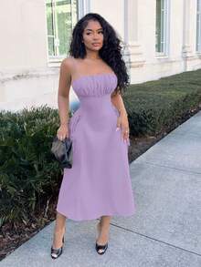 Alexandranx Solid Ruched Bust Lace Up Side Cami Dress,Pastel Dresses For Women,Lavender Dress - Mauve Purple - View 5