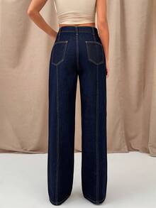 SHEIN High Waist Straight Leg Denim Jeans With Gold Button Hem - Dark Wash - View 2