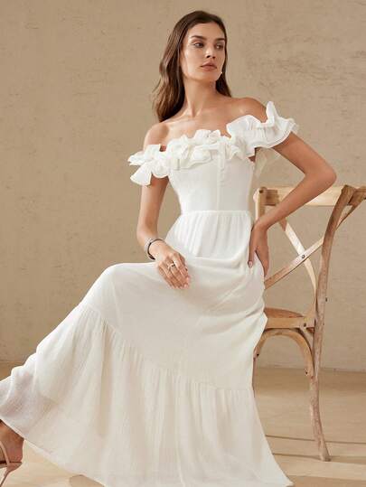 Aveloria Rosie White Solid Color Luxury Elegant Textured Pleated Vertical Stripe Material Off-Shoulder Layered Ruffled Hem Decor Design Cinched Waist Maxi Flared Dress, Versatile For Vacation And Party Wear