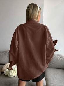 Cottnline 1pc Solid Drop Shoulder Button Front Shirt - Brown - View 2