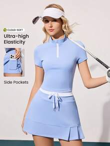 CourtClass Women's Golf Outfit Set, New Ruffled Collar Short Sleeve Top And Ruffled Skirt Anti-Exposure Golf Set - Blue - View 1