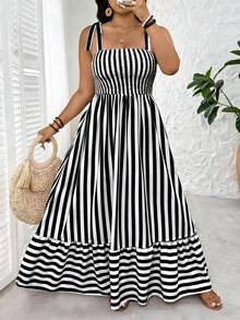SHEIN Tall CURVE 大码条纹束腰长款系带无袖连衣裙，夏季 - 黑色 - 查看 1