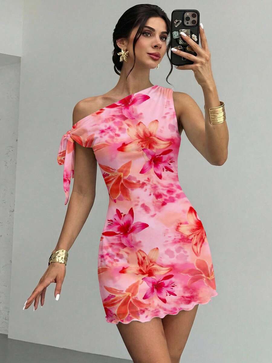 Firerie Women's Summer New Floral Asymmetrical Shoulder Sexy Elegant Vacation Mini Dress, Mesh Floral Dress, Asymmetric Neck Dress, Spring/Summer Clothing, Beach Outfit, Elegant, Sexy, Vacation, Beach, Hawaii, Date, Party, Music Festival, Graduation Dress, Prom,Summer Dresses For Women - White - View 1