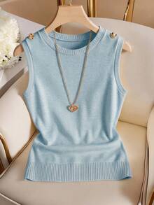 Airaco Áo tank top nữ màu trơn cổ tròn cài nút kiểu dáng thường ngày - Màu xanh nhạt - Xem 1