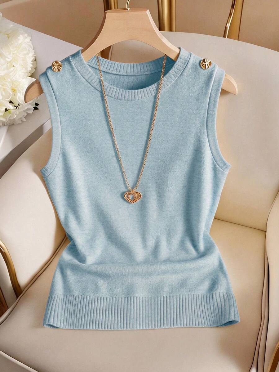 Airaco Áo tank top nữ màu trơn cổ tròn cài nút kiểu dáng thường ngày - Màu xanh nhạt - Xem 1