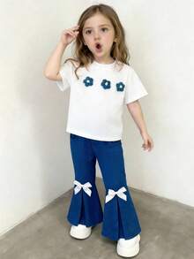 2pcs/Set Girls (Small) Pink Knit Short Sleeve Bow T-Shirt Top And Denim Flare Pants With Pockets, Casual Daily Sweet Summer Young Girl Outfit - Blue - View 3