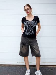 Ananda Vibes Ladies" Distressed Spider Letter Print Casual Denim Shorts For Spring And Summer, School - Black - View 1