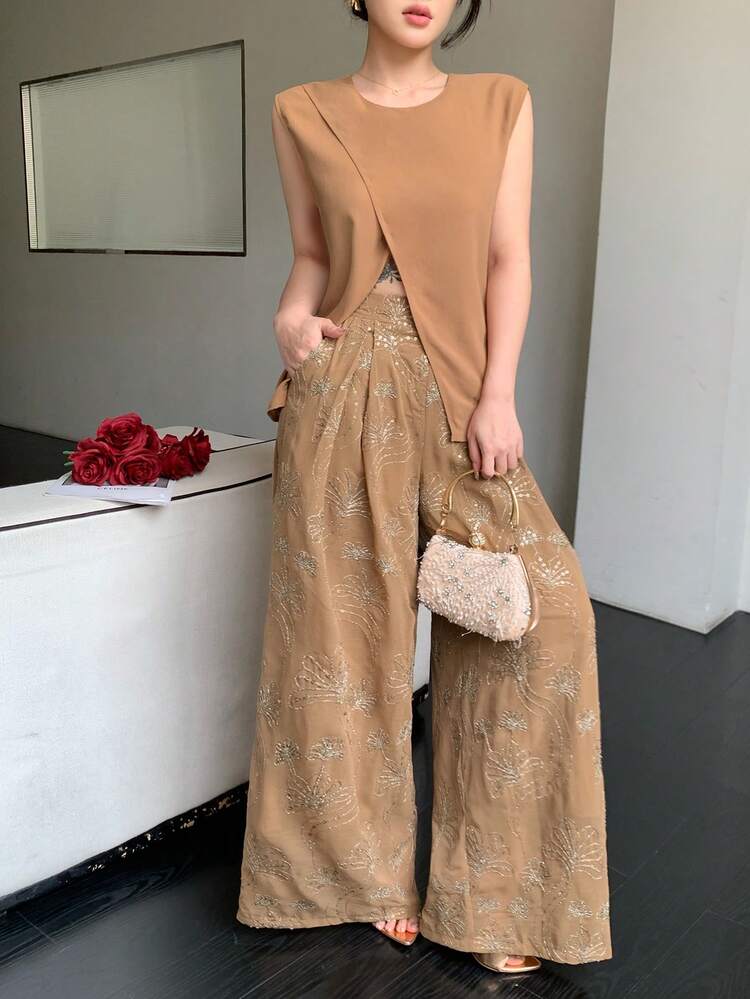 Women's Sleeveless Criss-Cross Beaded Top And Wide Leg Pants Two Pieces Casual Vacation Summer Set