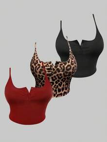 Calvaya Plus Size Women Sleeveless Button-Up Crop Top, Multicolor Set With Camisole And Tank Top - Multicolor - View 3