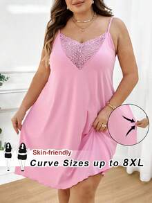 SHEIN CURVE+ Curve Size US22 音樂節海邊度假波希米亞風女款對比蕾絲優雅背心洋裝，性感細肩帶對比蕾絲洋裝 - 粉色 - 查看 8