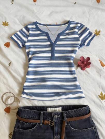 Glimmora Striped Digital Print V-Neck Short Sleeve T-Shirt, Gift For Friends