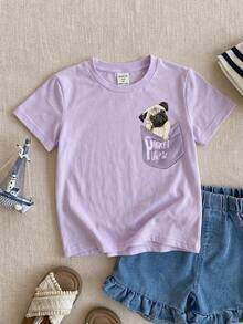 SHEIN Young Girl Casual Pattern Short Sleeve T-Shirt, Suitable For Summer - Lilac Purple - View 6