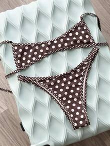 Swim Mod Set de 2 piezas Traje de baño con estampado de lunares sexy para mujer para vacaciones en la playa, bikini con tirantes ajustables y espalda descubierta sin relleno - Multicolor - Ver 4