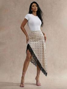 SHEIN Glamour 女士不对称下摆蕾丝拼接休闲百搭约会之夜半身裙 - 米色 - 查看 5