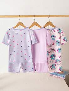 6pcs/Set Piyama Celana Pendek Rajut Leher Bulat untuk Anak Perempuan Besar, Motif Kelinci Biru & Magenta Lucu, Modis, Serbaguna, Cocok untuk Pakaian Rumah & Tidur - MultiWarna - View 2