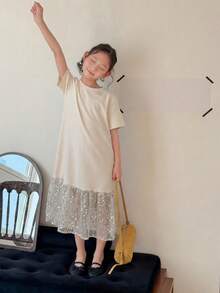 DAZY Tween Girls Round Neck Color Block Mid-Length Short Sleeve Dress Sun Dresses For Girl Summer - Beige - View 2
