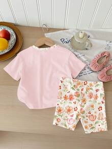 女婴休闲简约圆领宽松短袖T恤和修身骑行短裤套装，适合春夏穿着 - 彩色 - 查看 2