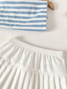 Playful Pals 3pcs/Set Baby Girls' Casual Striped Sleeveless Top And White Pleated Skirt Outfit, Comfortable Versatile For Spring/Summer, Suitable For Outings, Daily Wear, School, Vacation, Sports - Blue - View 7