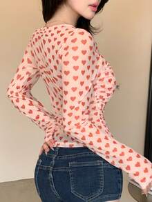 DAZY 蝴蝶结装饰修身网纱上衣，心形印花，交叉扭结设计，休闲甜美女孩音乐节T恤，长袖，粉色夏季 - 粉色 - 查看 6