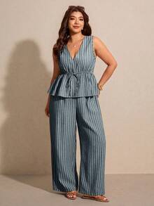 Elaquor Bộ đồ 2 món cỡ lớn, kiểu dáng thường ngày, kẻ sọc, dáng chữ A, áo sơ mi và quần ống đứng. - Màu xanh lam - Xem 4