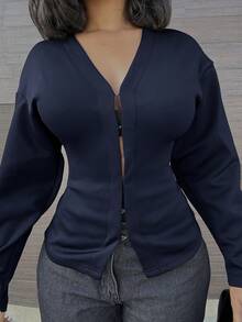 Alexandranx Women's Fashionable Retro V-Neck Raglan Sleeve Long Sleeve Burgundy Knit Shirt - Navy Blue - View 4