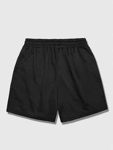 ROMWE MEN Street Life Men's Elastic Waist Drawstring Floral Embroidery Casual Shorts, Versatile For Summer - Black - View 2