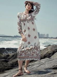 Frievida 新款时尚休闲女式长袖印花波西米亚风度假连衣裙 - 米色 - 查看 4