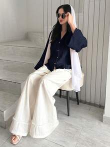 Modelyn Camisa de manga larga de unicolor minimalista para mujer, uso casual de todos los días - Azul Marino - Ver 7