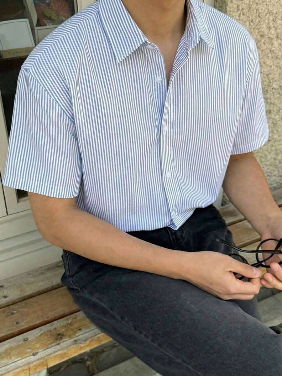 DAZY Blue Striped Short Sleeve Shirt For Men, Summer - Blue - View 1