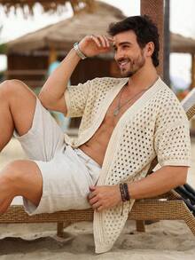 Manfinity Homme Cardigan casual da uomo con lavorazione traforata - Albicocca - Visualizzare 3