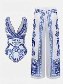 Swim Oasis 女士 26SS 春夏度假优雅印花深V领连体泳衣和罩衫裤套装 - 彩色 - 查看 7
